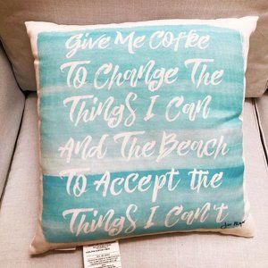 MWW, 18” x 18” Blue and White Beach Theme Throw Pillow “Give Me Coffee”